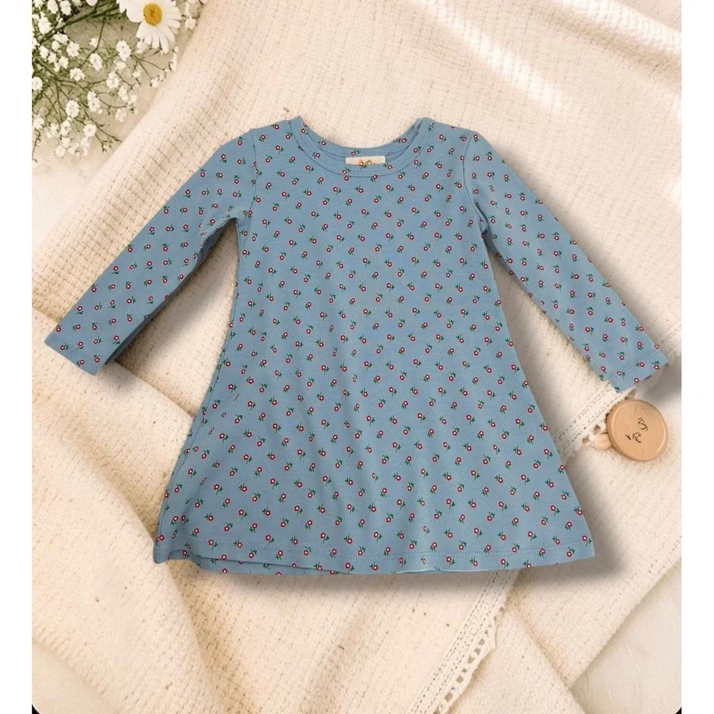 Burt's Bees Baby Floral Ribbed Knit Long Sleeve A-Line Dress Blue Size 12M